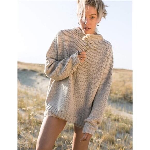 Women's Oversized Sweaters Batwing Sleeve Mock Neck Jumper Tops Chunky - Picture 2 of 7